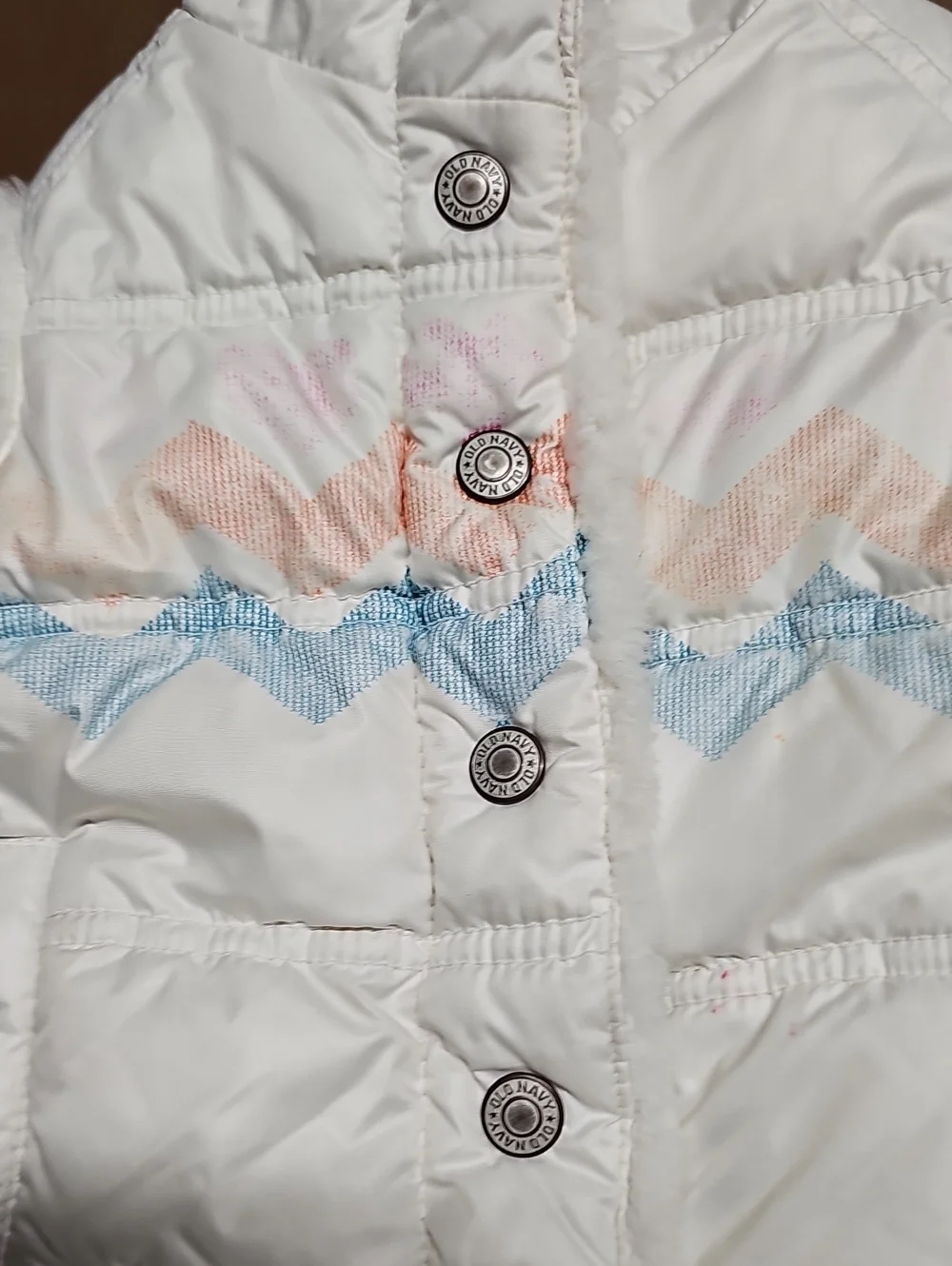 Old Navy Kids White Puffer Vest with Pastel Chevron Detail